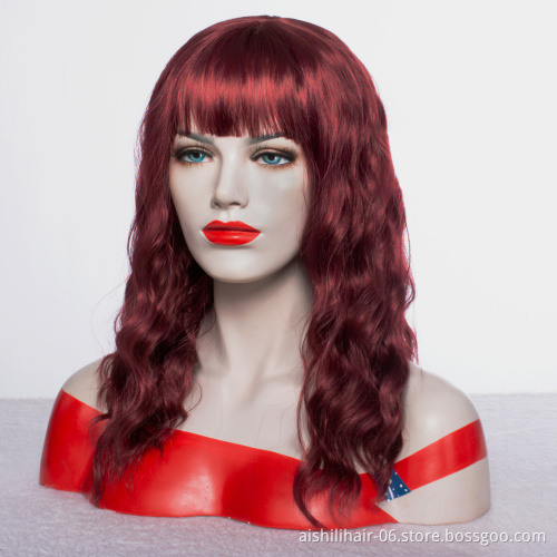 Wholesale long burgunly red natural wave wig with natural bangs synthetie hair wig for women